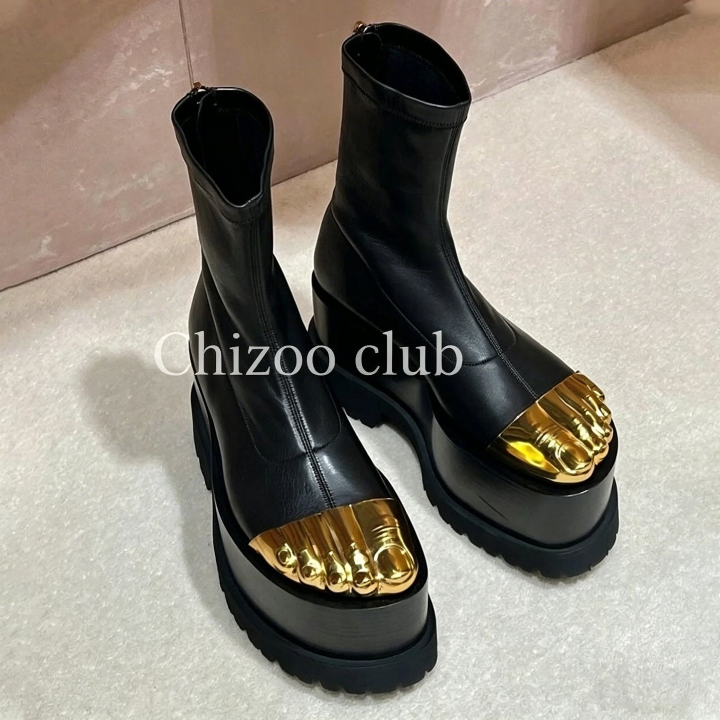 Women's Golden Five Toes Catwalk Ankle Boots Chunky Platform Genuine Leather Sexy Long Stretch Skinny Shoes for Women