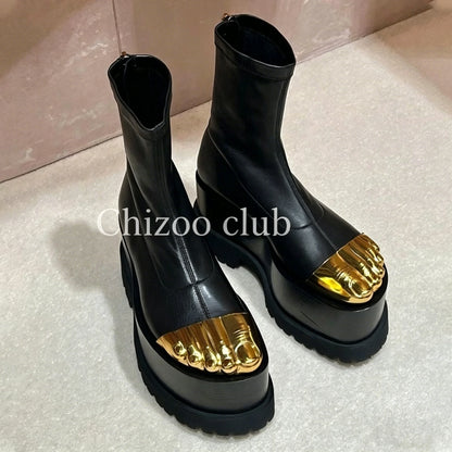 Women's Golden Five Toes Catwalk Ankle Boots Chunky Platform Genuine Leather Sexy Long Stretch Skinny Shoes for Women