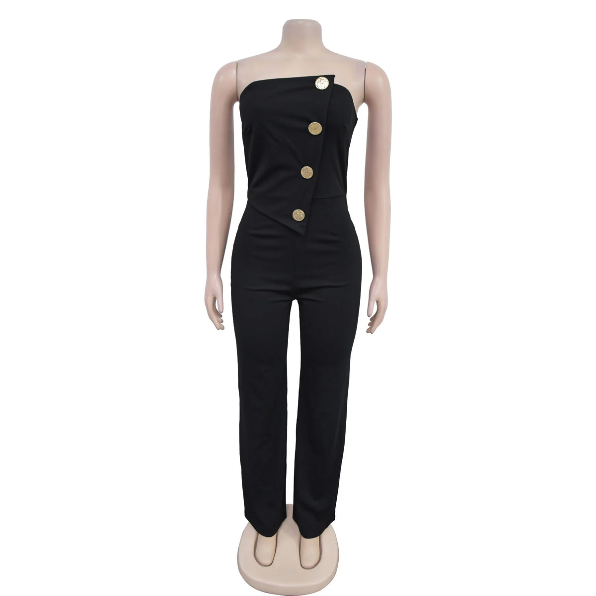 HBLL Women's Elegant Button Strapless Sleeveless Irregular Jumpsuits One Piece Metal Button Decor Overalls Outfit Night Clubwear