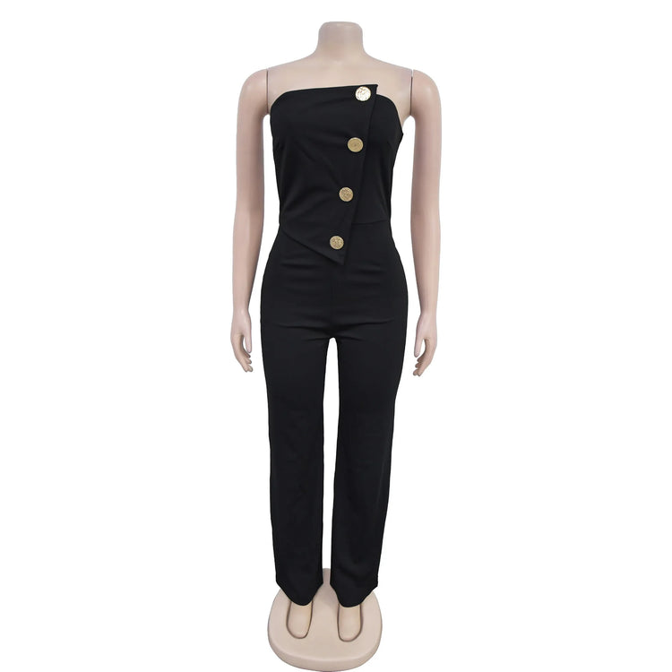 HBLL Women's Elegant Button Strapless Sleeveless Irregular Jumpsuits One Piece Metal Button Decor Overalls Outfit Night Clubwear