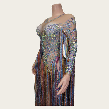 Fashion Rhinestone Tassel Rompers Women One Piece Jumpsuits Sexy Women Party Prom Stage Performance Dance Leotard Club Bodysuits
