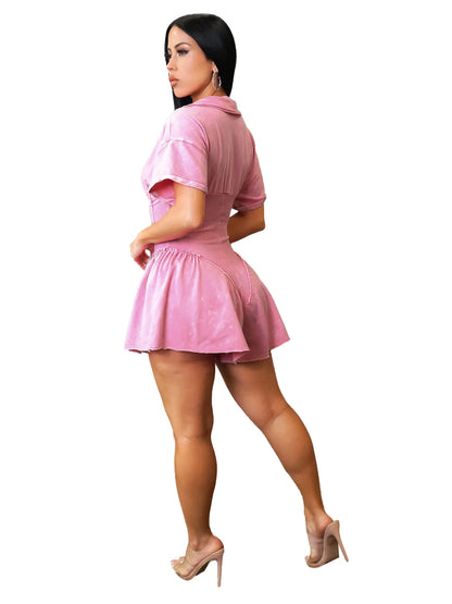 CM.YAYA Women Short Sleeve Washed V-neck Ruched High Waist Flare Short Jumpsuit Streetwear Chic One Piece Suit Romper Playsuit