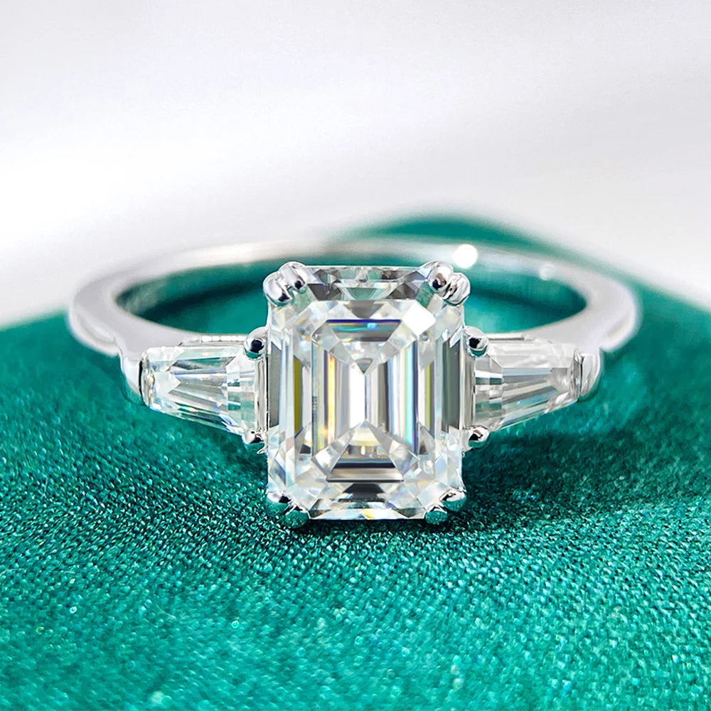 1-4 Carat Emerald Cut Moissanite Rings for Women D VVS1 Three Stone Diamond Engagement Ring Side Baguettes 925 Silver Jewelry