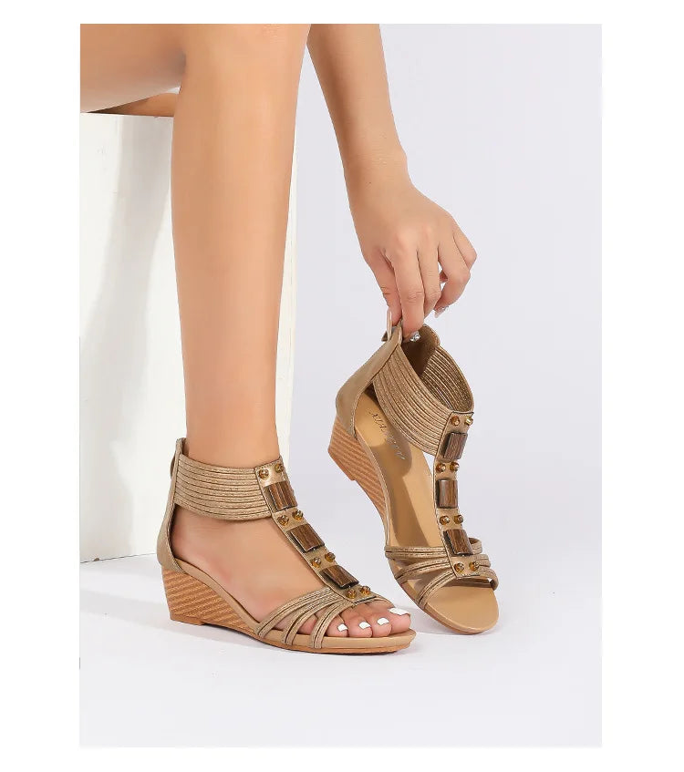 High quality leather flat sandals for women 5cm mid heel beading summer 2026 36 43 open toe casual vintage shoe pink white beige