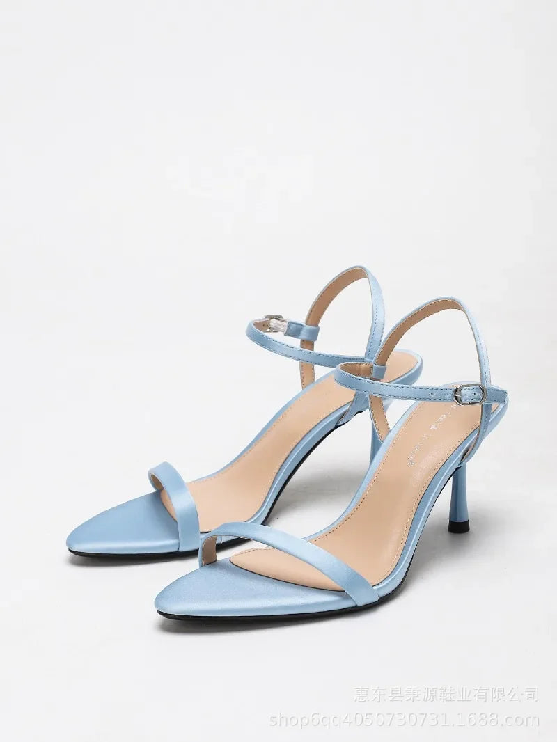 Elegant Heeled Sandals Women Luxury Satin Narrow Strap Design Ankle Strap Heels Sexy Pointed Toe Evening Designer Shoes Ladies