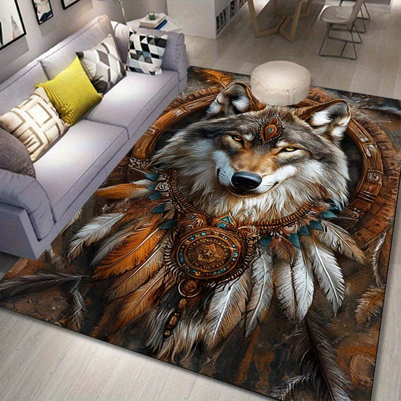 3D Wolf Head Print Non-Slip Mat, Tribal Design with Feathers Beads, Machine Washable Polyester Rug for Living Room Bedroom Decor
