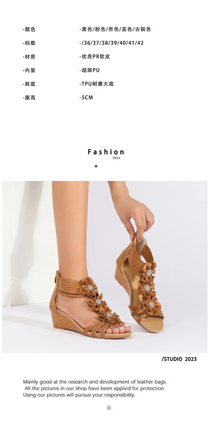High quality leather flat sandals for women 5cm mid heel flower summer 2026 36 42 open toe casual beach shoe blue pink brown