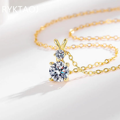 925 Sterling Silver Bowknot Moissanite Pendant Necklace for Women Round 2 Stone Solitaire Necklace Wedding Party Jewelry Gift