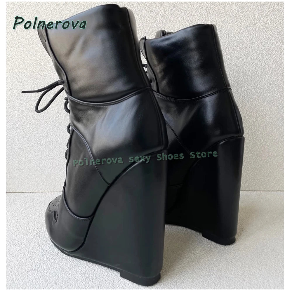 Cross Tied Wedge Mid-Calf Boots Pointed Toe Height Increase Patchwork Plus Size 36-47 Women Ankle Boots 2025 Casual Shoes Trend