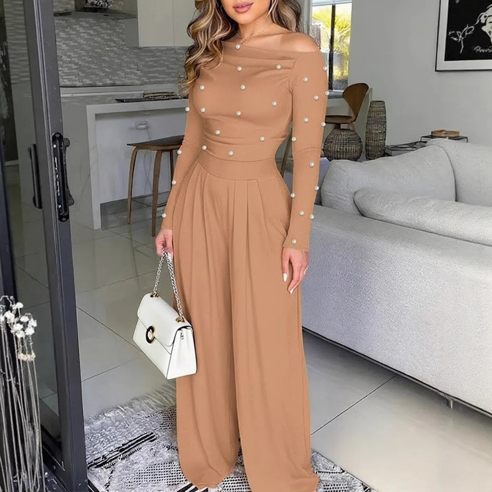 Fashion Beaded Slant-neck Women Jumpsuit Spring Autumn New Cinched Waist Wide Leg Long Pants Elegant Female Office Rompers 2026
