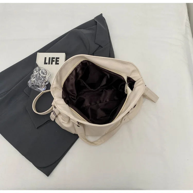 Ladies Large Capacity Brand Handbag Pu Leather Women's Retro Tote Bag Korean Fashion Shoulder Bag Winter White Zipper Handbag