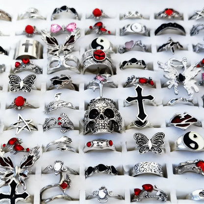  8/10/15/20Pieces Retro Gothic Punk Red Butterfly Rings For Women Mix Style Vintage Skull Heart Stackable Jewelry Party Gifts