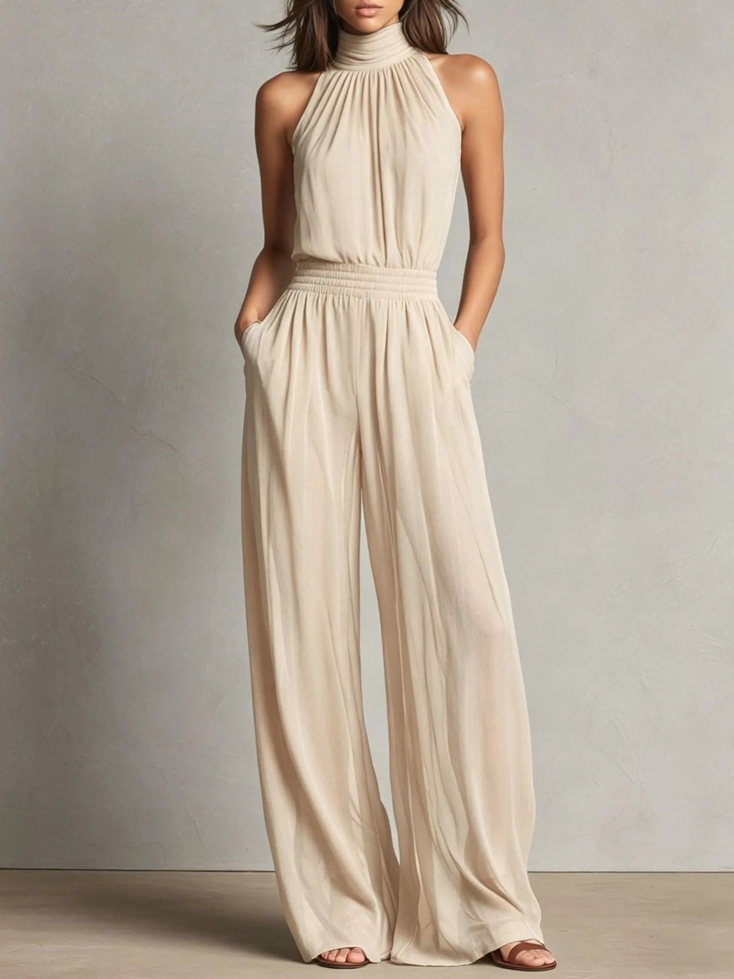 Womens Jumpsuits Summer Elegant Chiffon Sleeveless High Neck Backless Wide Leg Pants Jumpsuit Playsuit