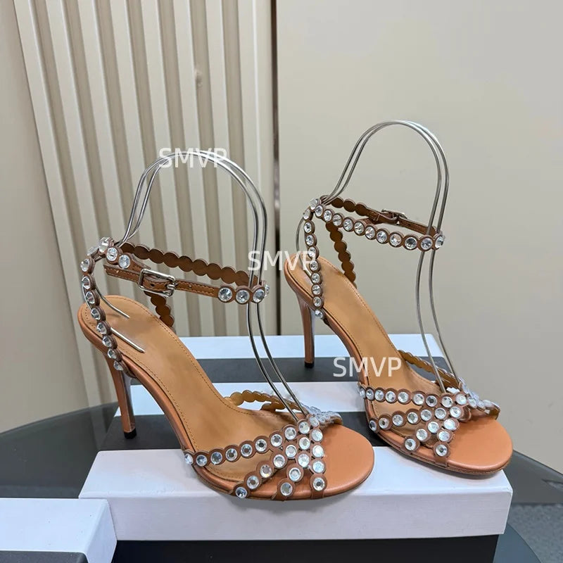 Women Crystal Rhinestone High Heel Sandals 2026 Summer New Toe Ankle Strap Thin Heels Transparent Silver Party Wedding Shoes
