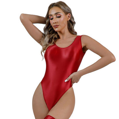 Women's Swimsuit One Piece Swimwear Oil Glossy Stretchy Gym Fitness Long Sleeve Round Neck Tights Leotard Bodysuit Clubwear