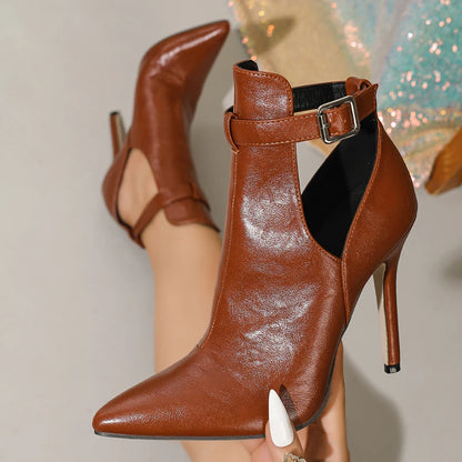 Aneikeh Spring Stone Patterned Fabric High-heeled Hollow Sandals Ankle Boots  Pointed Toe Metal Buckle Shoes Modern Short Botas