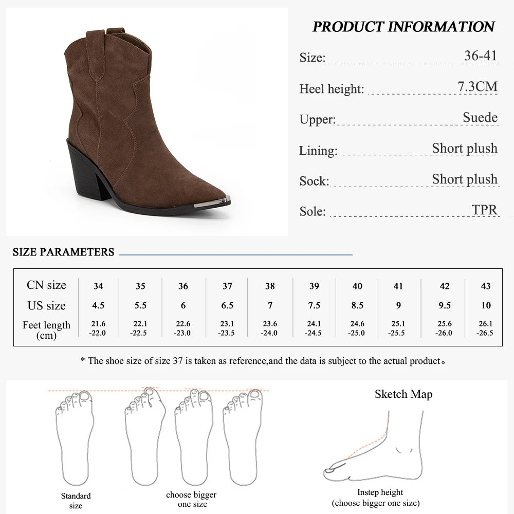 GMQM 2025 Women's Comfort Ankle Booties Brown Cowboy Western Boots Metal Heels Block Wide Calf Pointed Toe Slip On Casual Shoes