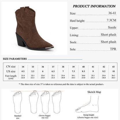 GMQM 2025 Women's Comfort Ankle Booties Brown Cowboy Western Boots Metal Heels Block Wide Calf Pointed Toe Slip On Casual Shoes