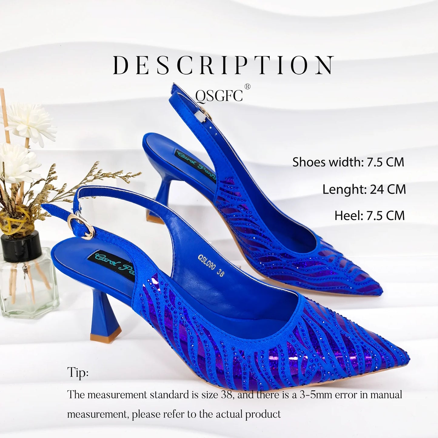 QSGFC New Arrival Fashion Shoes Matching Bag Set Royal Blue Color Decorated with Crystal Ladies Wedding Party Women High Heel