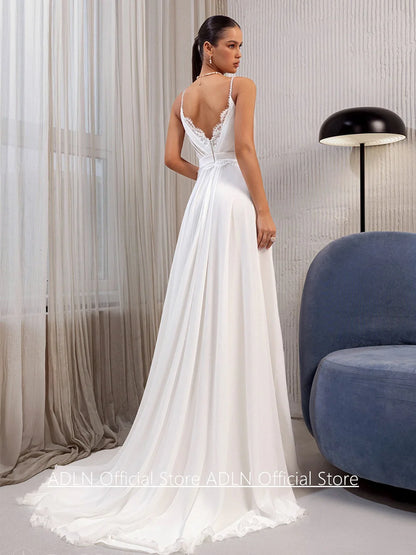 Summer Wedding Dress Customized Spaghetti Straps V Neck Pleat Lace Sweep Train A Line Chiffon Bridal Gown Beach Bride Dresses