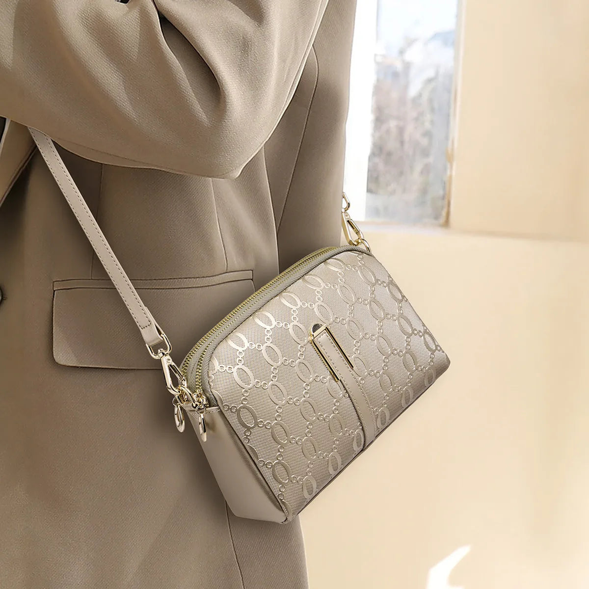FOXER Elegant Women's Shoulder Bag Split Leather Lady Crossbody Bag Fashion Monogram Print Large Capacity Purse