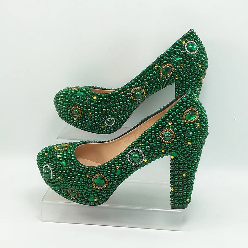 Fashion New Arrival Green Pearl Bridal Shoes and Bag Set Woman Party Dress Shoes Big Size Ankle Strap Buckle Shoes High Pumps