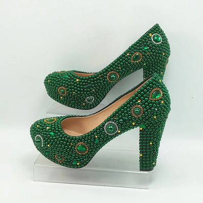 Fashion New Arrival Green Pearl Bridal Shoes and Bag Set Woman Party Dress Shoes Big Size Ankle Strap Buckle Shoes High Pumps