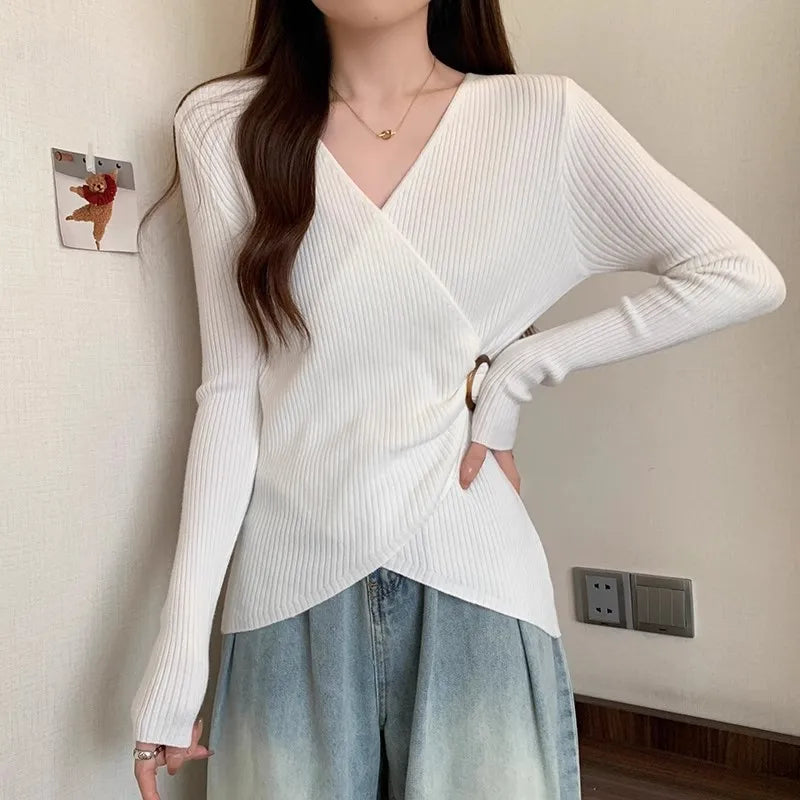 Women Wrap V Neck Ribbed Knit Top Metal Ring Buckle Flare Long Sleeve Slim Sweater