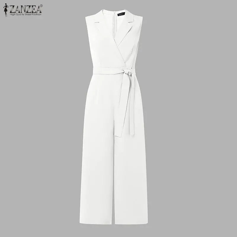 Fashion Women Jumpsuits ZANZEA 2026 Summer Rompers Lapel Neck Sleeveless Playsuit Elegant OL Work Wide Leg Overalls Trousers