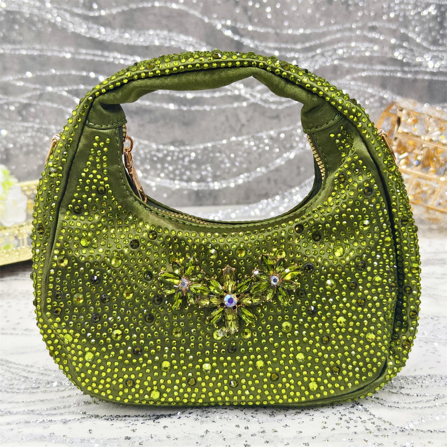 Venus Chan Olive-Green Pointed-Toe Women's High Heels Shoes and Bags for Party Rhinestone Evening Elegant Luxury Handbag