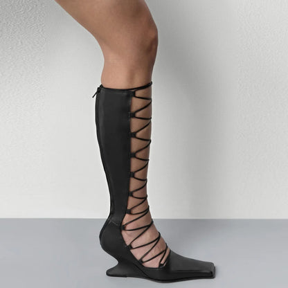 2026 Summer Hollow Out Strap Square Shaped Thick High Heels Summer Cool Boots Fashionable and Sexy Women's Sandals