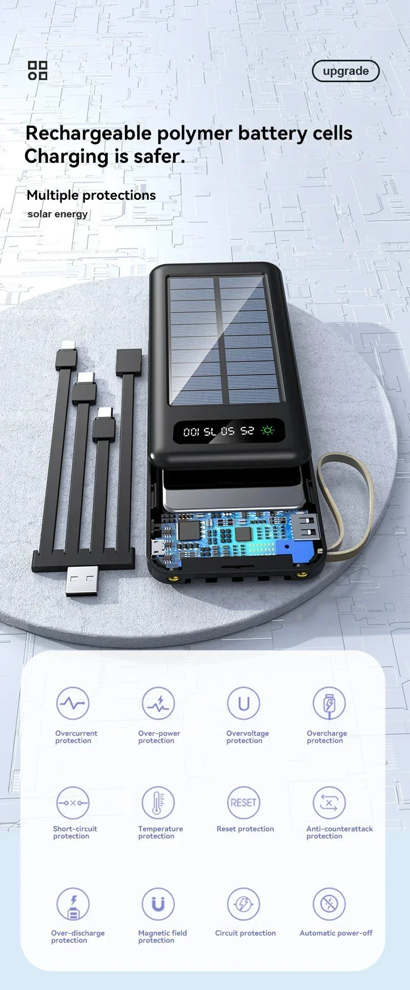 VIVO 200000mAh Solar Power Bank Large Capacity Mobile Power Fast Charging Battery Dual USB 4 Cables For iPhone Samsung Huawei
