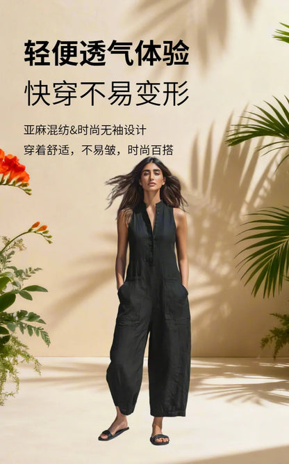 Cotton And Linen Jumpsuit Women Stand Collar Sleeveless Pocket High Waist Wide Legs Jumpsuits Casual Commuting Ladies Bodysuits