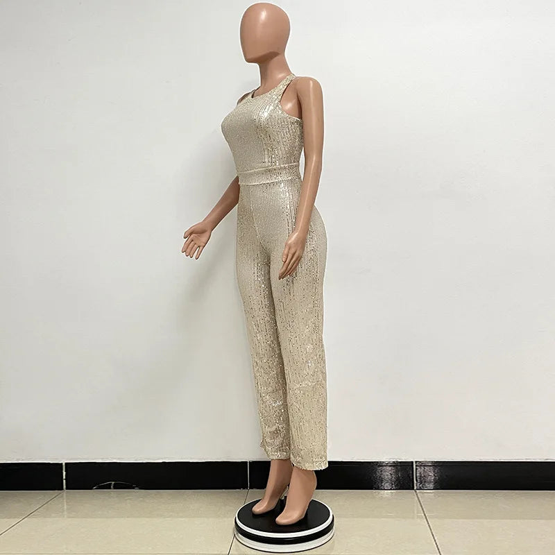 Bling Bling Sequined Club Jumpsuit Sexy Women O-neck Elegant Shiny Sliver Gold Sequins Straight Romper Overalls