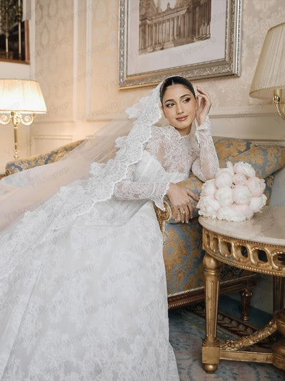 Lace Wedding Dresses High Neck Long Sleeve A Line Bride Dress Sweep Train Princess Bridal Gown Vestido De Novia Customized