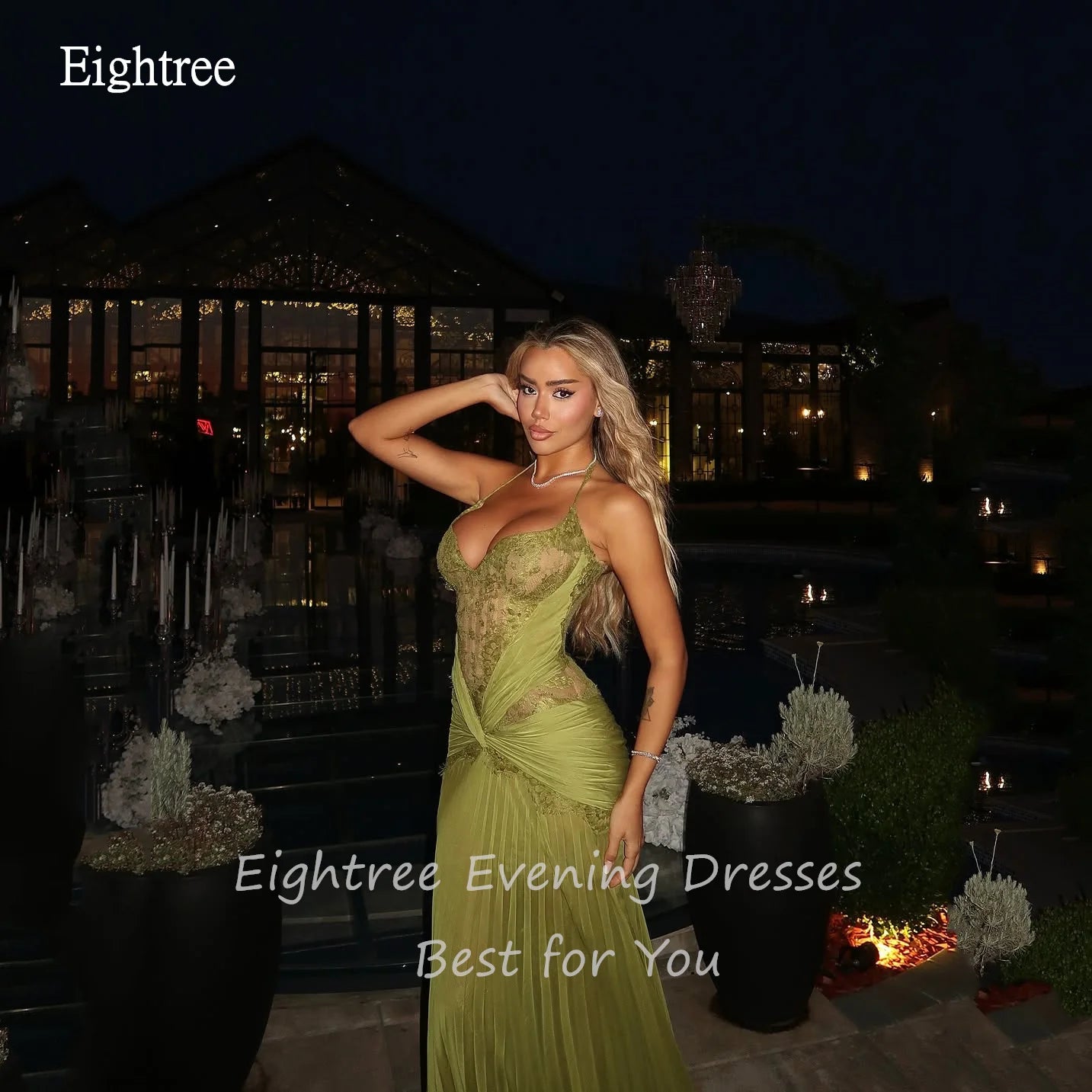 Eightree Glamorous Halter Mustard Green Prom Gowns Backless Mermaid Formal Party Gown Floor Length Evening Dress Customized