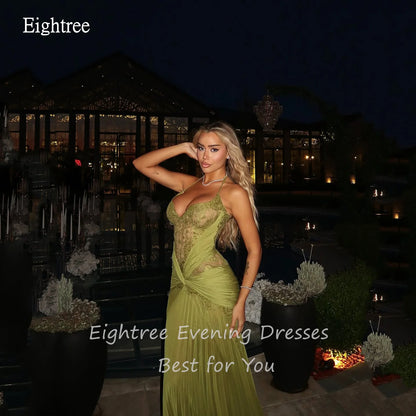 Eightree Glamorous Halter Mustard Green Prom Gowns Backless Mermaid Formal Party Gown Floor Length Evening Dress Customized