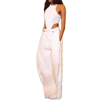 Fashion Jumpsuits For Women Summer O Neck Sleeveless Hollow Out Slim White Wide Leg Jumpsuit Girl High Street Chic Sexy Jumpsuit