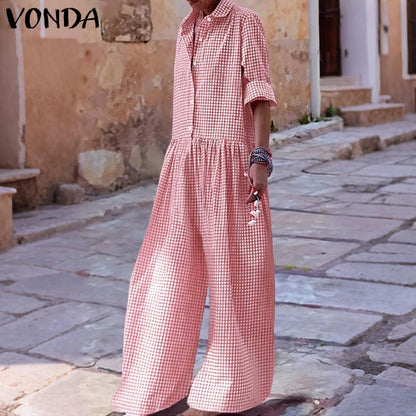 Plus Size 5XL VONDA Vintage Jumpsuits Women Elegant Plaid Long Overalls Fashion 3/4 Sleeve Casual Playsuits Streetwear Pants