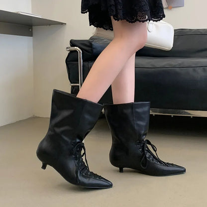 New Fashion Cross-tied Pointed Toe Women Ankle Boots Autumn Winter Thin Low Heels Party Dress Ladies Short Booties Shoes