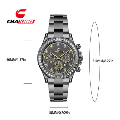 CHAXIGO 300 Diamond Studded Multi Functional Men's Quartz Watch Business Timing Steel Belt Light Luxury Calendar Watches for Man