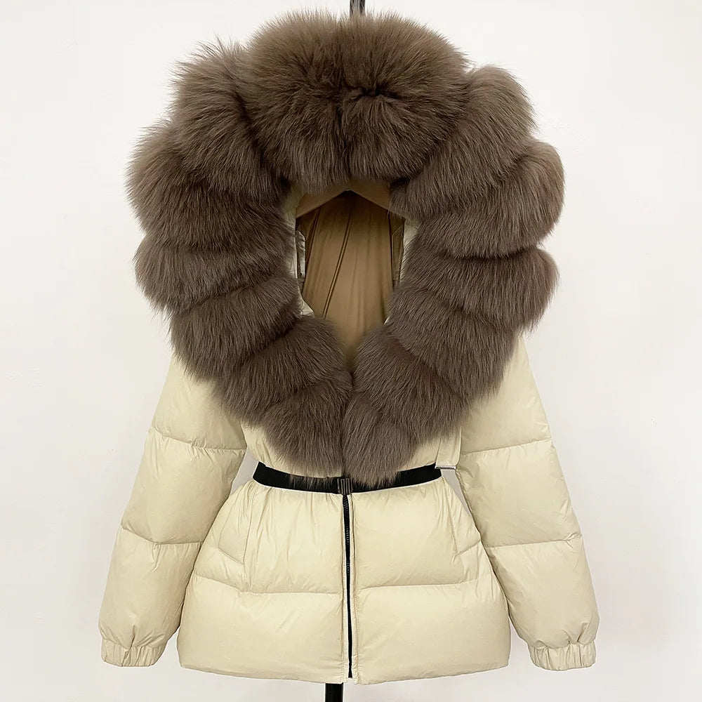 Hot Sale Women Luxury Black Down Jacket Waist‑Cinched Design High‑End Elegant Real Big Fox Fur Hooded Collar Winter Outerwear