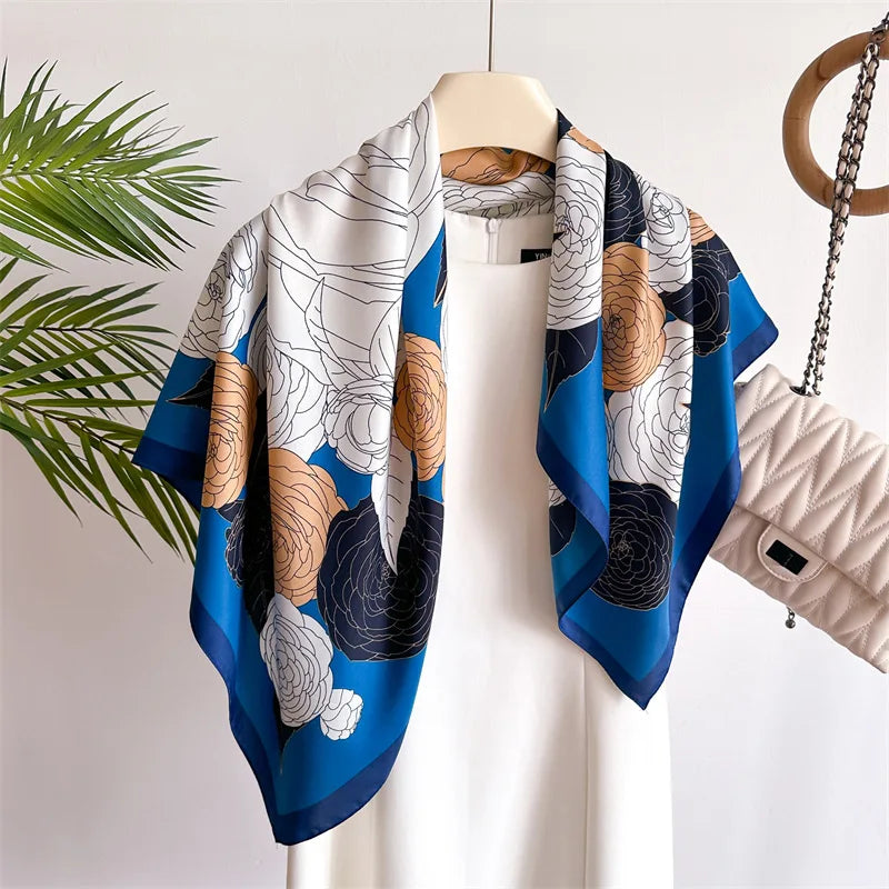 90cm Floral Print Silk Square Scarf Women Luxury Brand Satin Shawls Neckerchief Wrap Scarves Bandana Hair Hjiab Bohemian Style