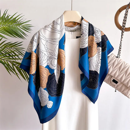 90cm Floral Print Silk Square Scarf Women Luxury Brand Satin Shawls Neckerchief Wrap Scarves Bandana Hair Hjiab Bohemian Style