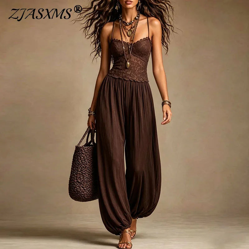 Vintage Lace Sling Jumpsuits Women Deep V Neck Sheer Solid Baggy Loose Fit Romper Bohemian Summer Beach Travel One Piece Outfits