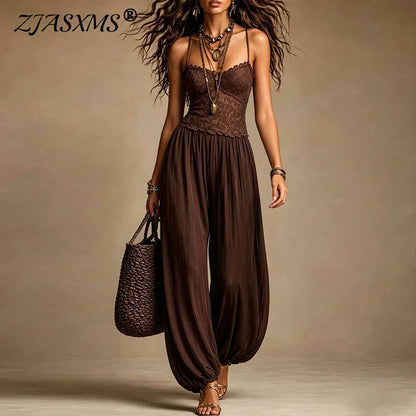 Vintage Lace Sling Jumpsuits Women Deep V Neck Sheer Solid Baggy Loose Fit Romper Bohemian Summer Beach Travel One Piece Outfits