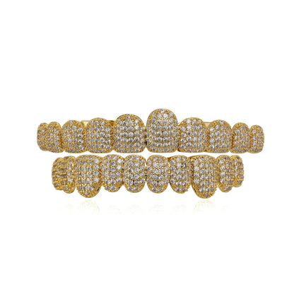 TOPGRILLZ Iced Out 10 Top &10 Bottom 5A CZ Stones Teeth Grillz Punk Rapper 14K Gold Plated Zircon Tooth Caps For Mouth Jewelry