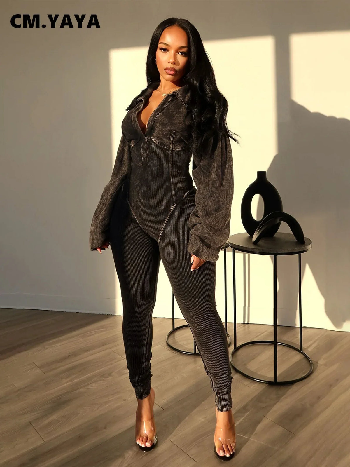 CM.YAYA Fashion Women Knit Ribbed Long Sleeve Moto Biker Jumpsuits 2024 Autumn Washed Street Playsuit One Piece Suit Romper