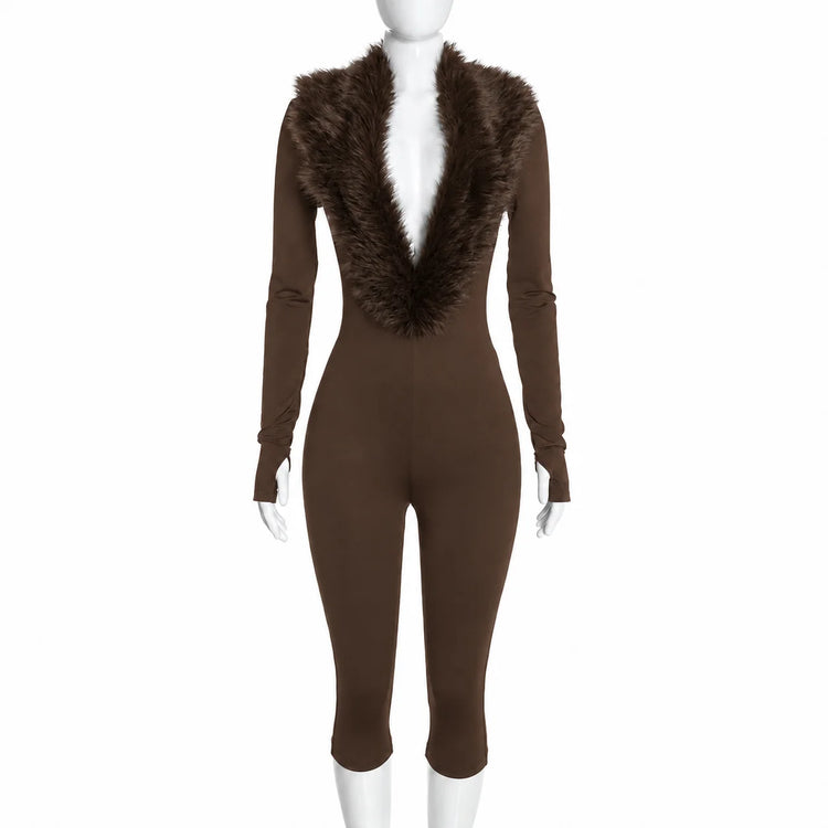FAGADOER Women Bodycon One Piece Jumpsuit Faux Fur Patchwork Trim Deep V Long Sleeve Stretch Slim Fit Sexy Streetwear Outfit New