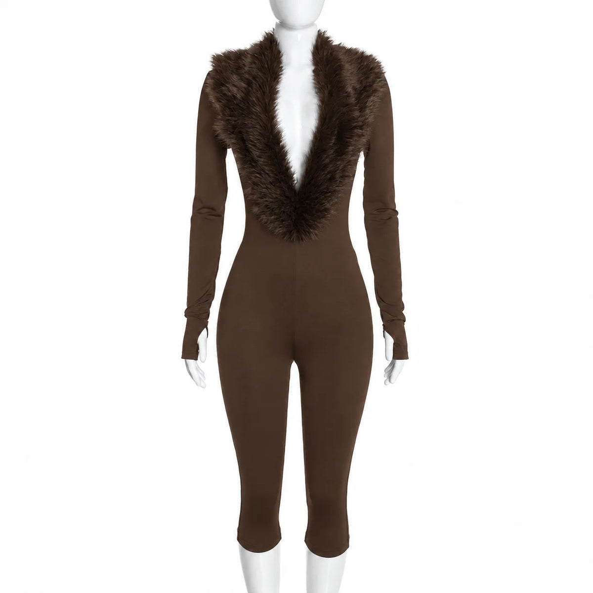 FAGADOER Women Bodycon One Piece Jumpsuit Faux Fur Patchwork Trim Deep V Long Sleeve Stretch Slim Fit Sexy Streetwear Outfit New